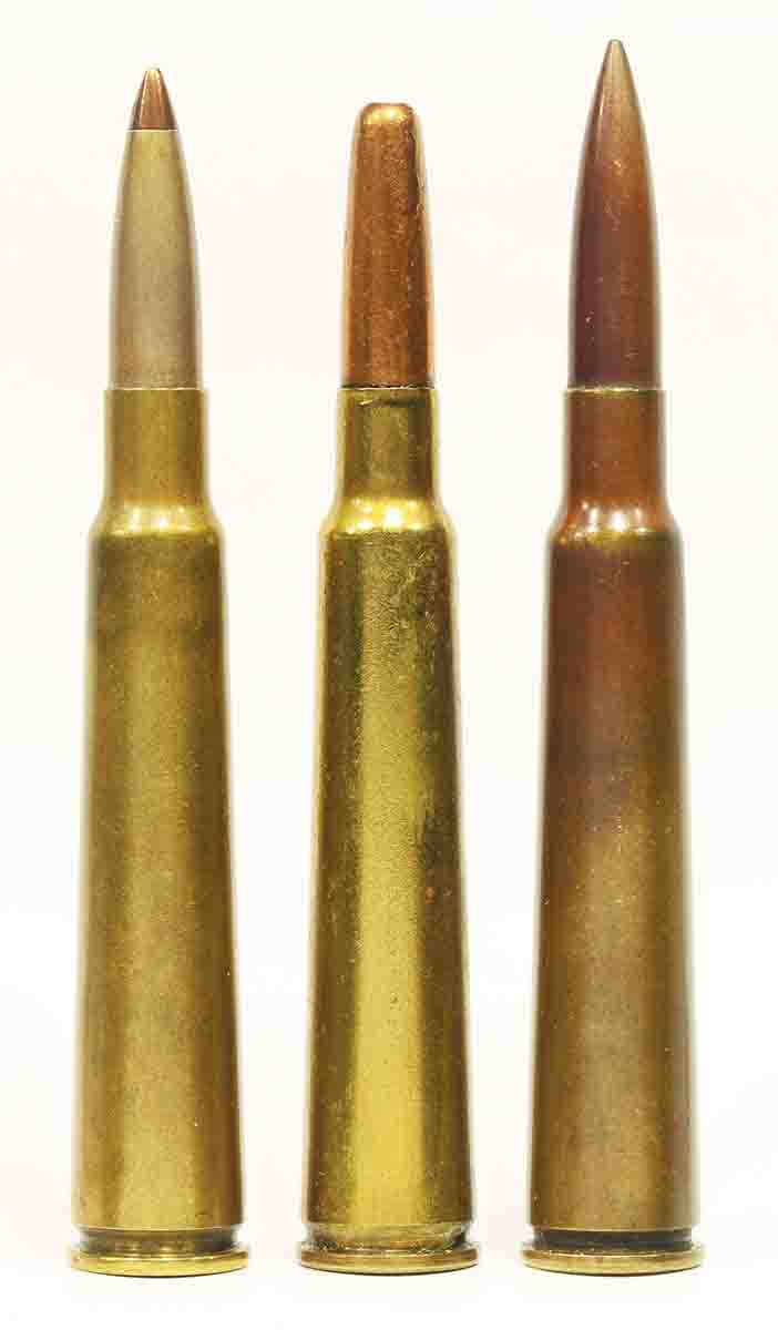 Original factory .280 Ross ammunition from left: U.S. Cartridge 140-grain “copper tube” expanding, Kynoch 160-grain hollowpoint and a Ross Cartridge Company 180-grain match round.